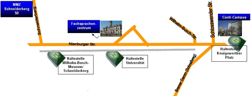 The Conti-Campus is located at the train station Königsworther Platz. If you take the train one stop further to the Leibniz Universität stop, you will arrive at the Leibniz Language Centre. At the next stop, Schneiderberg, you will find the MMZ Schneiderberg 50 in close proximity.